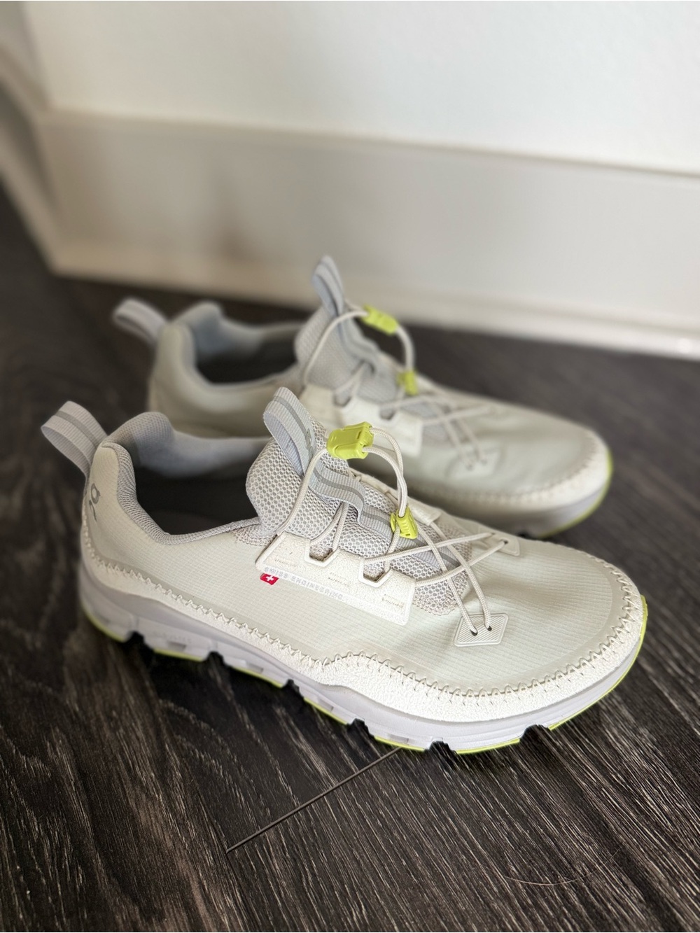 On Running Women's Athletic Shoes in Light Gray with Neon Yellow Accents